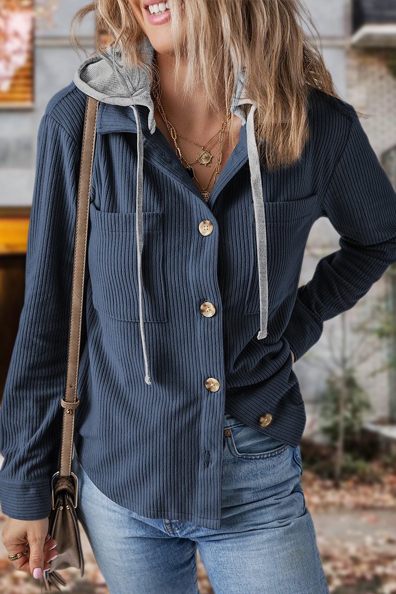 Women's Lapel Button Cardigan Pocket Hood Drawstring Striped Jacket - Seldom Seen Styles
