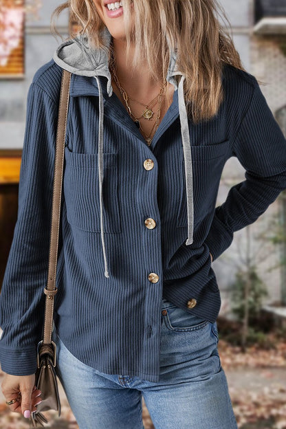 Women's Lapel Button Cardigan Pocket Hood Drawstring Striped Jacket - Seldom Seen Styles