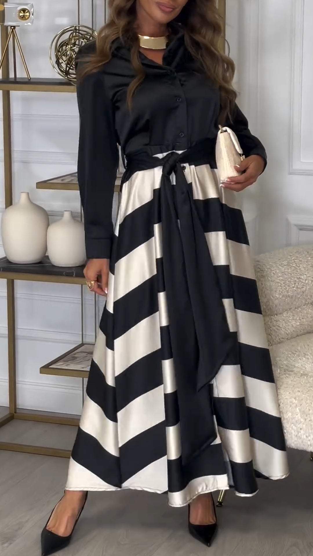 Women's Lapel Long Sleeve Striped Stitching Temperament Dress - Seldom Seen Styles