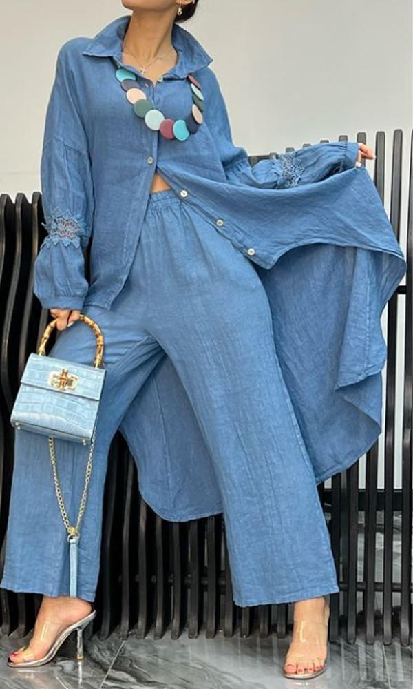 Women's Linen Back Cut-Out Shirt And Trousers Two-Piece Set - Seldom Seen Styles