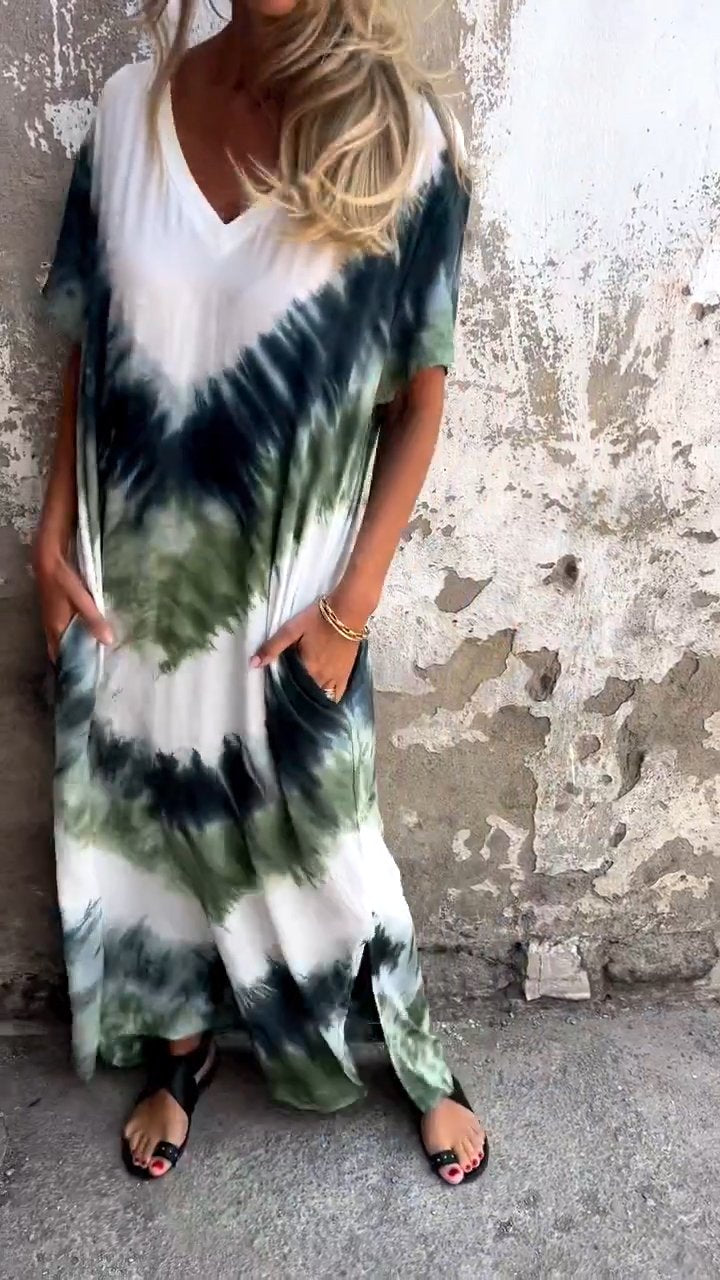 Tie-dye V-neck Long Comfortable Dress - Seldom Seen Styles
