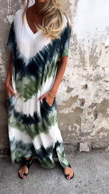 Tie-dye V-neck Long Comfortable Dress - Seldom Seen Styles