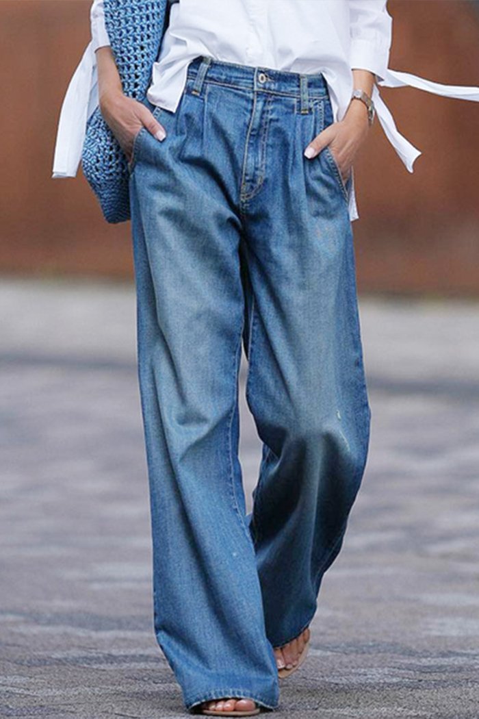 Women's High Waist Slim Wide Leg Pants Loose Mopping Pants Denim Trousers - Seldom Seen Styles