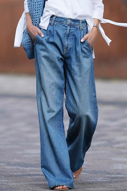 Women's High Waist Slim Wide Leg Pants Loose Mopping Pants Denim Trousers - Seldom Seen Styles