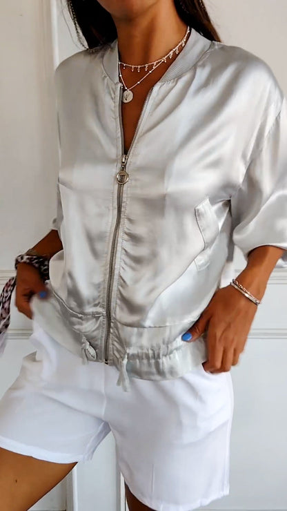 Crew Neck Zipped Satin Cropped Jacket - Seldom Seen Styles