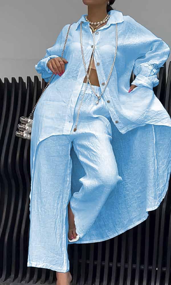 Women's Linen Back Cut-Out Shirt And Trousers Two-Piece Set - Seldom Seen Styles