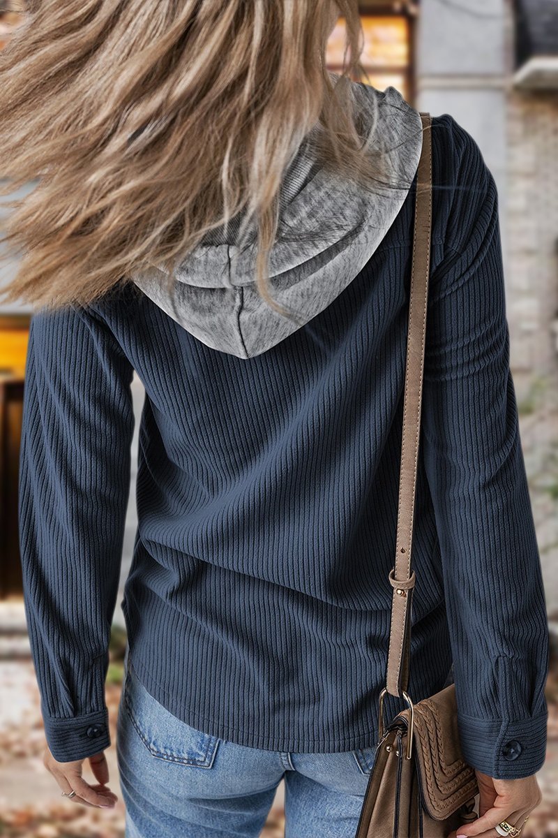 Women's Lapel Button Cardigan Pocket Hood Drawstring Striped Jacket - Seldom Seen Styles