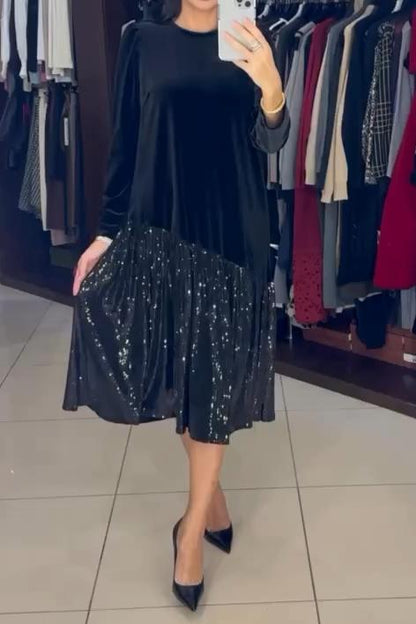 Women's Velvet Hem Sequin Fabric Patchwork Dress - Seldom Seen Styles