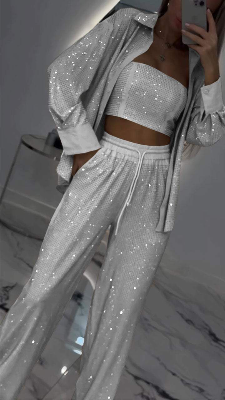 Women's Lapel Rhinestone Casual Three-piece Suit - Seldom Seen Styles