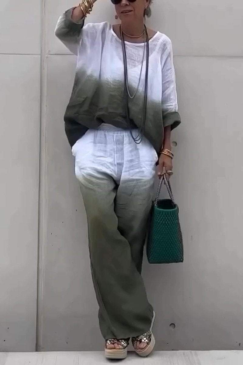 Women's Casual Round-neck Gradient Cotton and Linen Two-piece Suit - Seldom Seen Styles