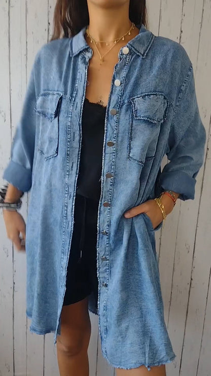 Faux Denim Comfortable Long Coat Shirt - Seldom Seen Styles