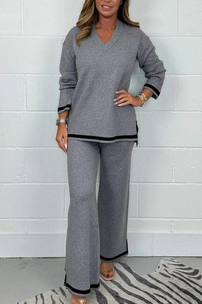 Women's V-Neck Soft Knit Border Edge Trouser Co-Ord - Seldom Seen Styles