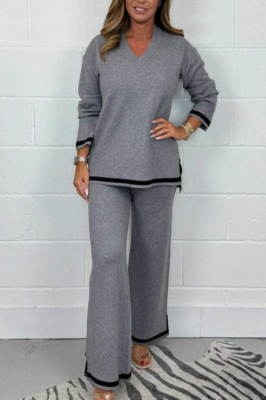 Women's V-Neck Soft Knit Border Edge Trouser Co-Ord - Seldom Seen Styles