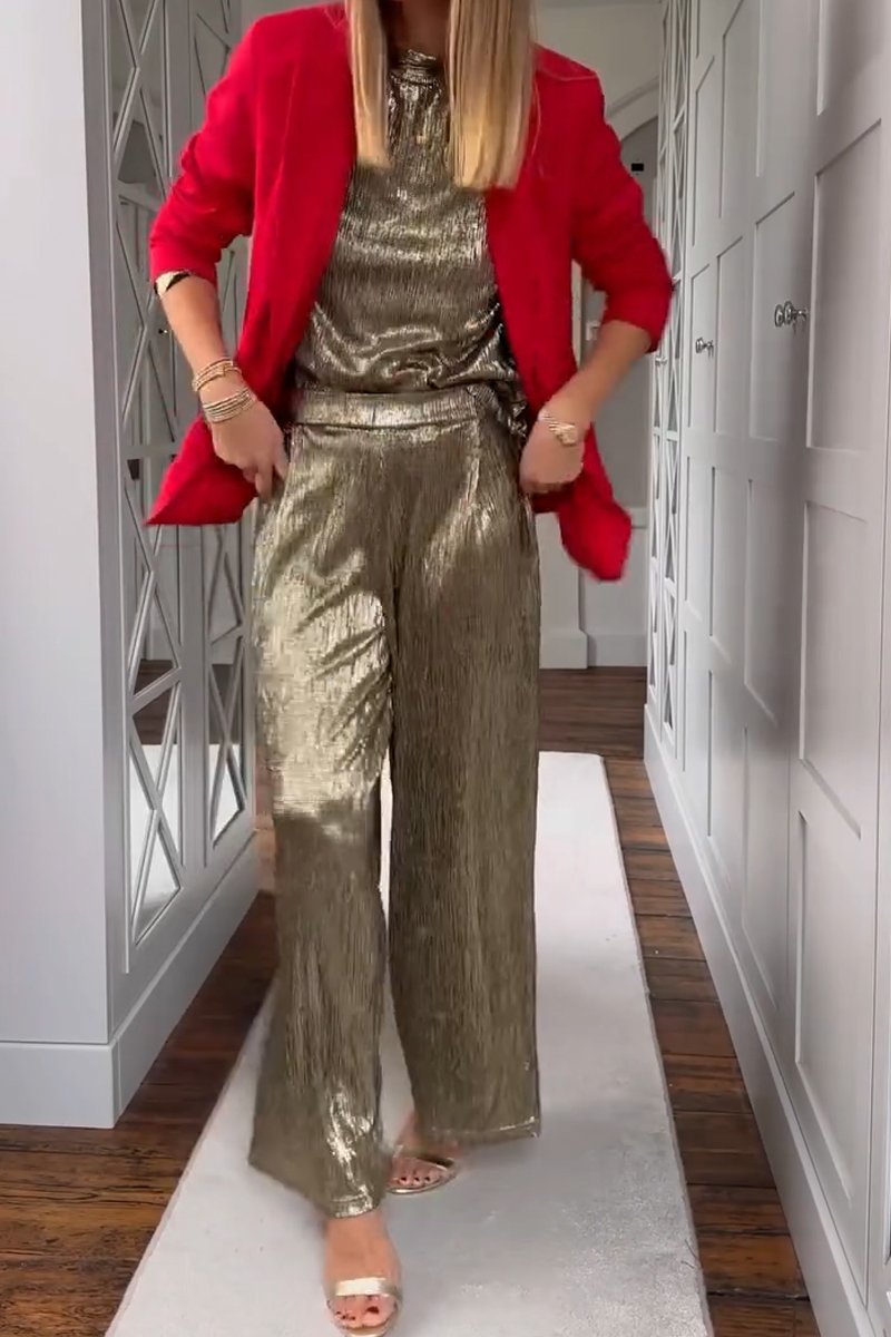 Women's fashion metallic fabric stand collar top and pants two-piece set - Seldom Seen Styles