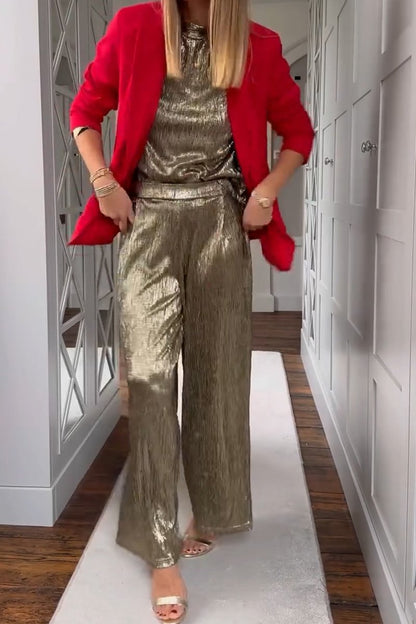 Women's fashion metallic fabric stand collar top and pants two-piece set - Seldom Seen Styles