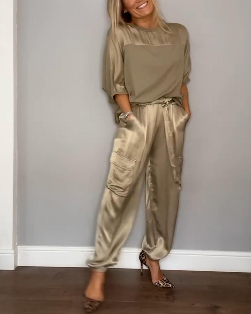 Women's Smooth Satin Half-sleeved Top and Pant Suit Two-piece - Seldom Seen Styles