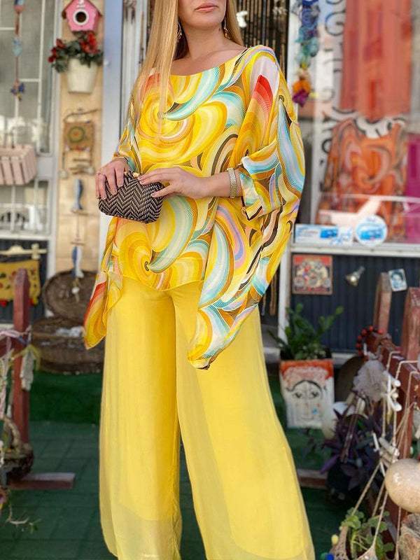 Women Colorful Chiffon Set Summer Casual Crew Neck Printed Two Piece Suit - Seldom Seen Styles