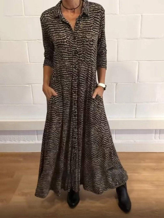 Women's Printed Long Sleeve V-Neck Dress - Seldom Seen Styles