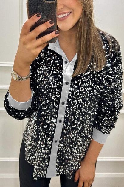 Women's Lapel Single Row Sparkly Party Shirt - Seldom Seen Styles