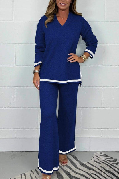 Women's V-Neck Soft Knit Border Edge Trouser Co-Ord - Seldom Seen Styles