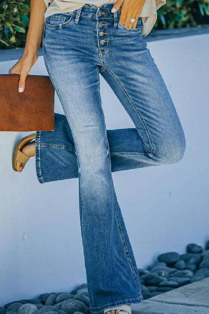 Slim Fit Long Pants Multi-Button Flared Pants Washed Women's Jeans - Seldom Seen Styles