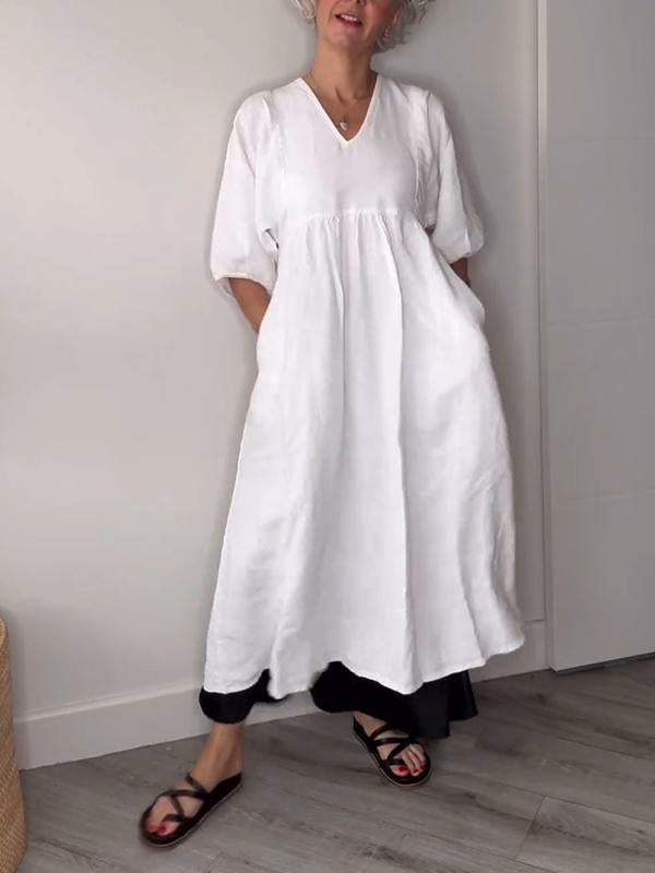Women's V-neck Solid Color Mid-length Sleeve Dress - Seldom Seen Styles