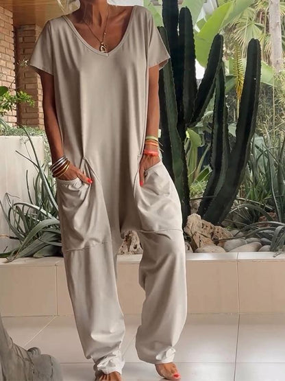 Casual V-neck Solid Color Jumpsuit - Seldom Seen Styles