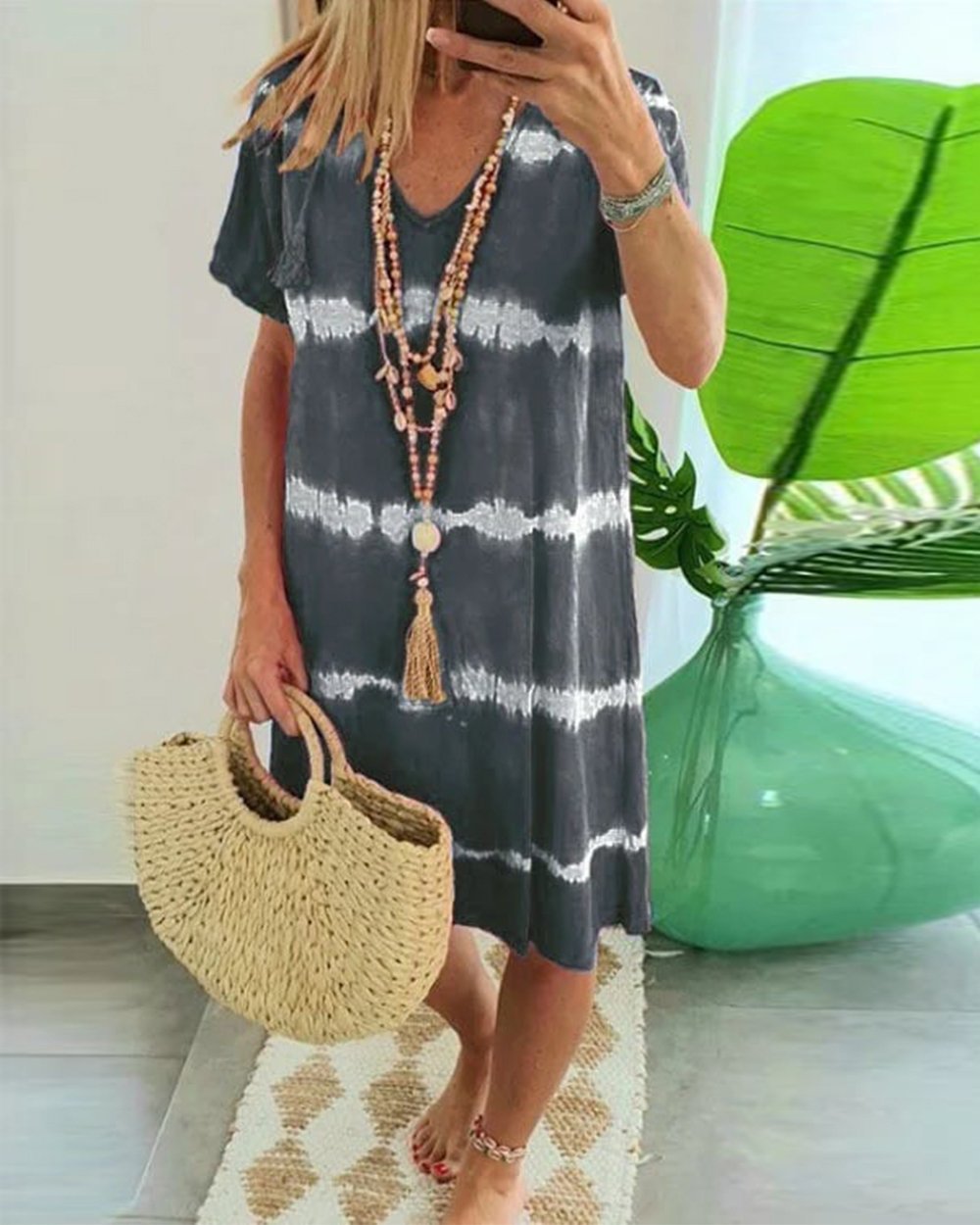 ?Tie-dye Striped Short-sleeved Loose T-shirt Dress - Seldom Seen Styles