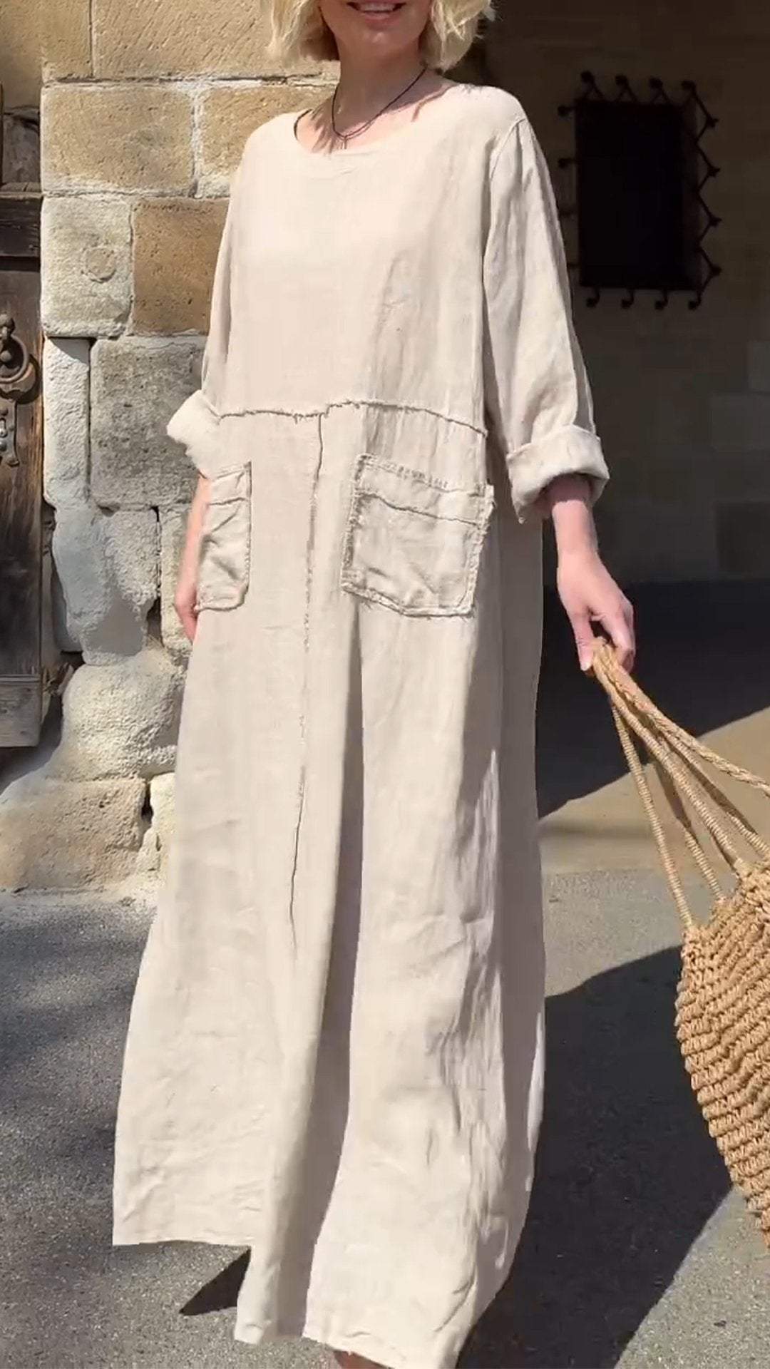 Round Neck Cotton and Linen Long Sleeve Casual Dress - Seldom Seen Styles