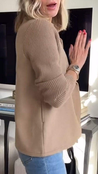 Women's Lapel Button Knitted Sleeve Casual Coat with Two Side Pockets - Seldom Seen Styles