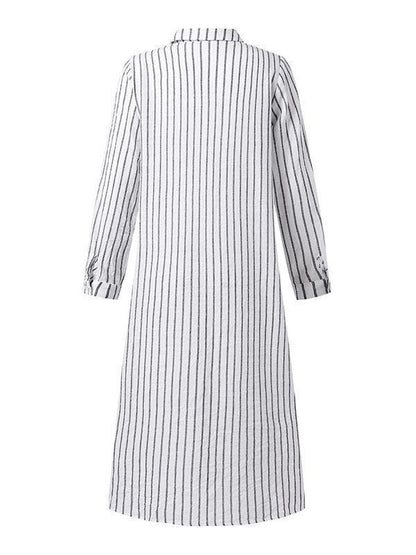 Women's Striped Cotton Linen Polo Collar Long-sleeved Shirt Dress - Seldom Seen Styles