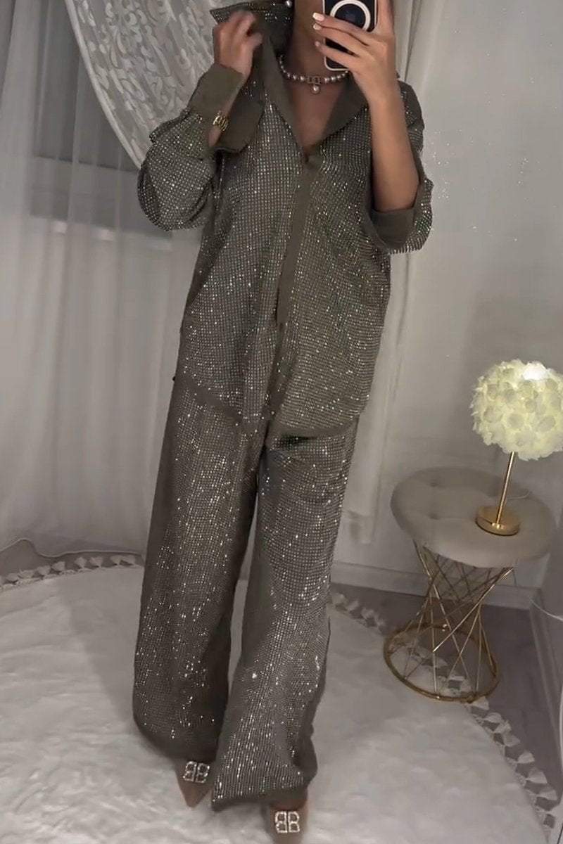 Women's stylish diamond-embellished top and pants two-piece set - Seldom Seen Styles