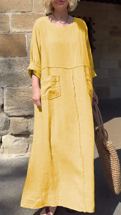 Round Neck Cotton and Linen Long Sleeve Casual Dress - Seldom Seen Styles