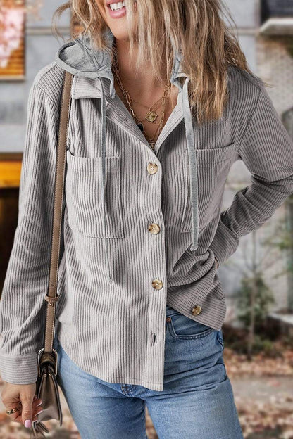 Women's Lapel Button Cardigan Pocket Hood Drawstring Striped Jacket - Seldom Seen Styles