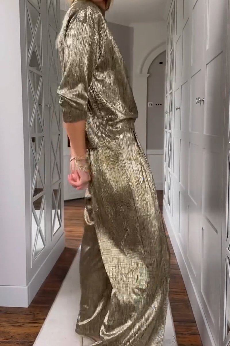 Women's fashion metallic fabric stand collar top and pants two-piece set - Seldom Seen Styles