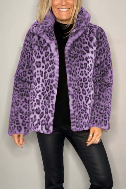Women's Fashionable Leopard Print Lapel Faux Fur Winter Short Coat - Seldom Seen Styles
