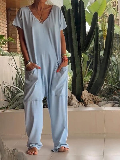 Casual V-neck Solid Color Jumpsuit - Seldom Seen Styles