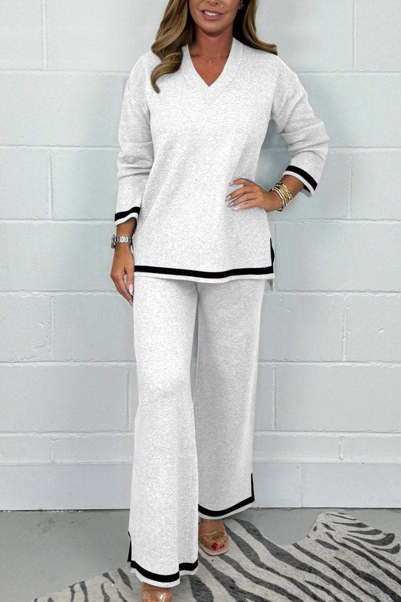 Women's V-Neck Soft Knit Border Edge Trouser Co-Ord - Seldom Seen Styles