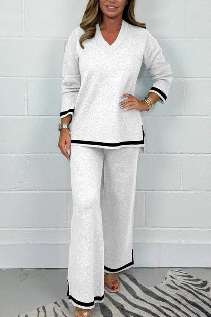 Women's V-Neck Soft Knit Border Edge Trouser Co-Ord - Seldom Seen Styles
