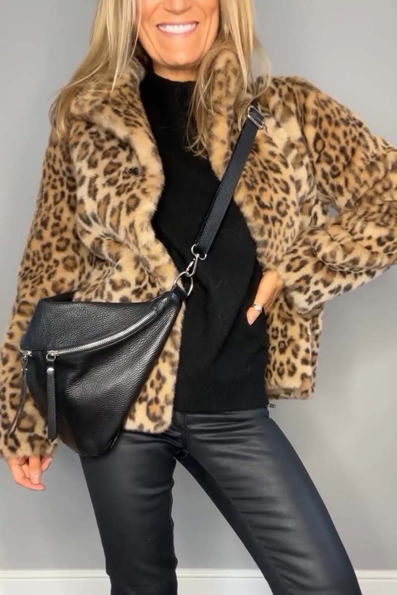 Women's Fashionable Leopard Print Lapel Faux Fur Winter Short Coat - Seldom Seen Styles