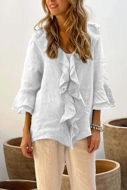Women's casual ruffle collar cotton and linen tops - Seldom Seen Styles