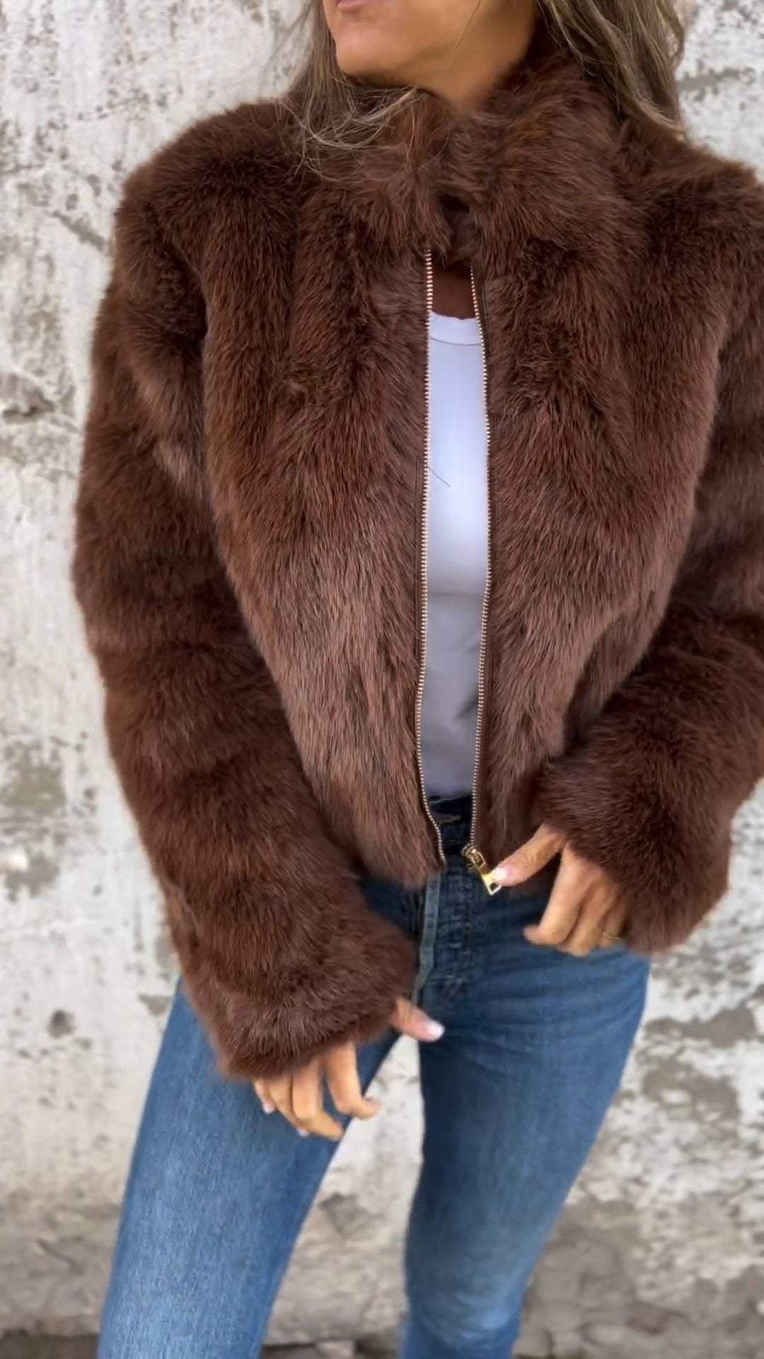 Women's High Collar Fur Zipper Casual Jacket - Seldom Seen Styles