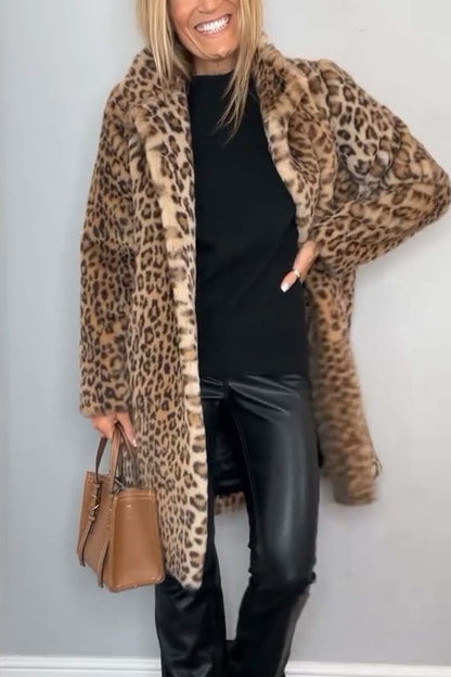Women's Fashionable Leopard Lapel Faux Fur Winter Mid-Length Coat - Seldom Seen Styles