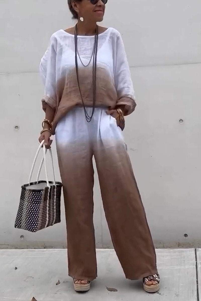 Women's Casual Round-neck Gradient Cotton and Linen Two-piece Suit - Seldom Seen Styles