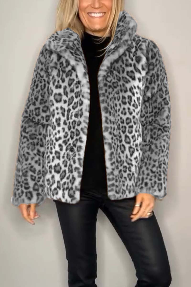 Women's Fashionable Leopard Print Lapel Faux Fur Winter Short Coat - Seldom Seen Styles