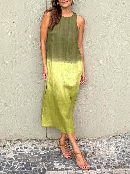 Casual cotton and linen slit gradient tie-dye long dress - Seldom Seen Styles