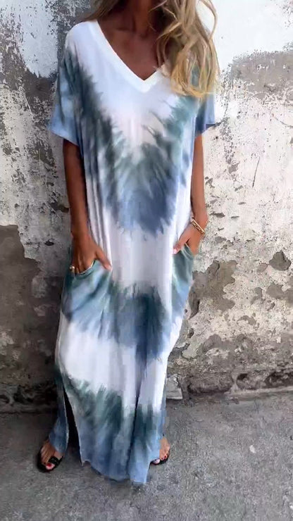 Tie-dye V-neck Long Comfortable Dress - Seldom Seen Styles