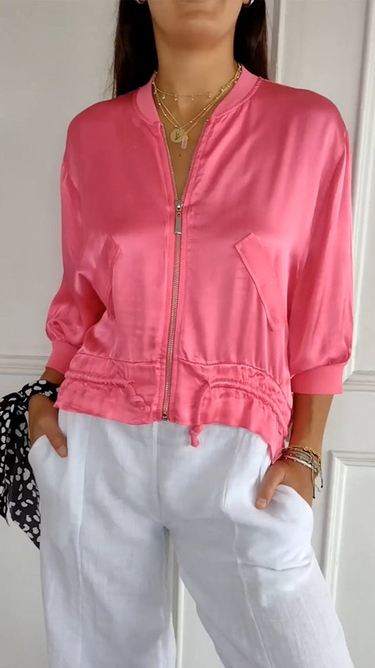 Crew Neck Zipped Satin Cropped Jacket - Seldom Seen Styles