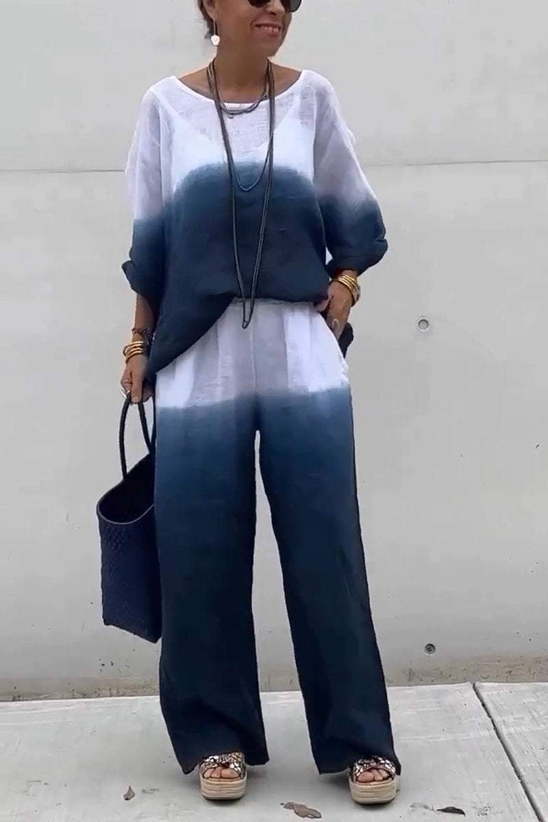 Women's Casual Round-neck Gradient Cotton and Linen Two-piece Suit - Seldom Seen Styles