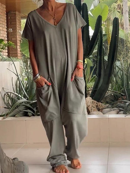 Casual V-neck Solid Color Jumpsuit - Seldom Seen Styles